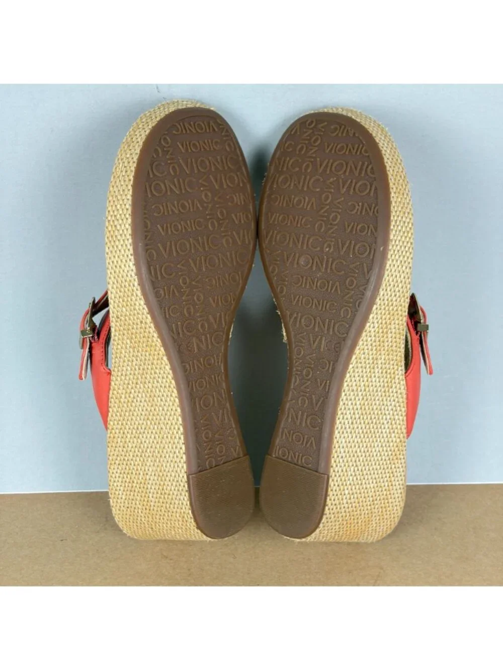 Vionic Polina Thong Wedge Sandals Womens 8 Orange Tan Leather Casual Comfort
